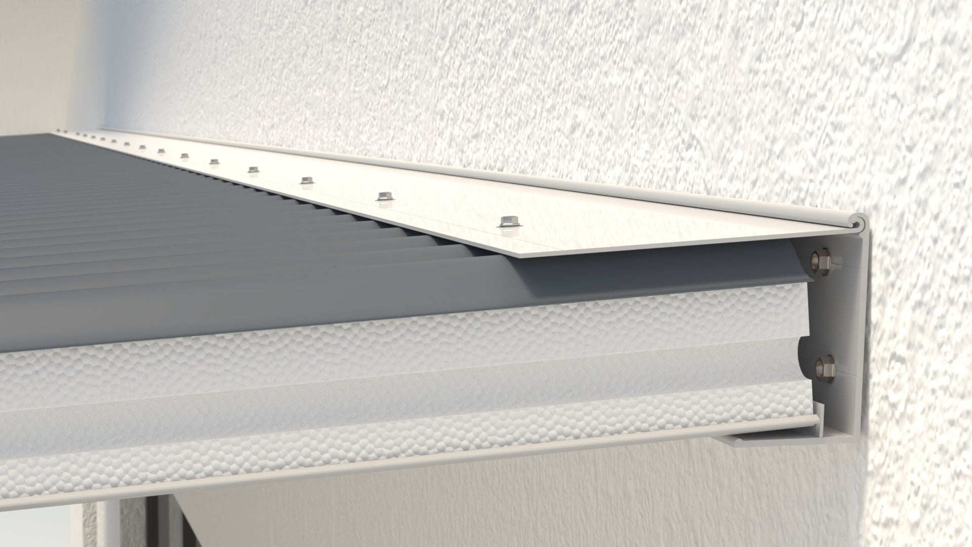 Metallic roller shutter on a textured wall