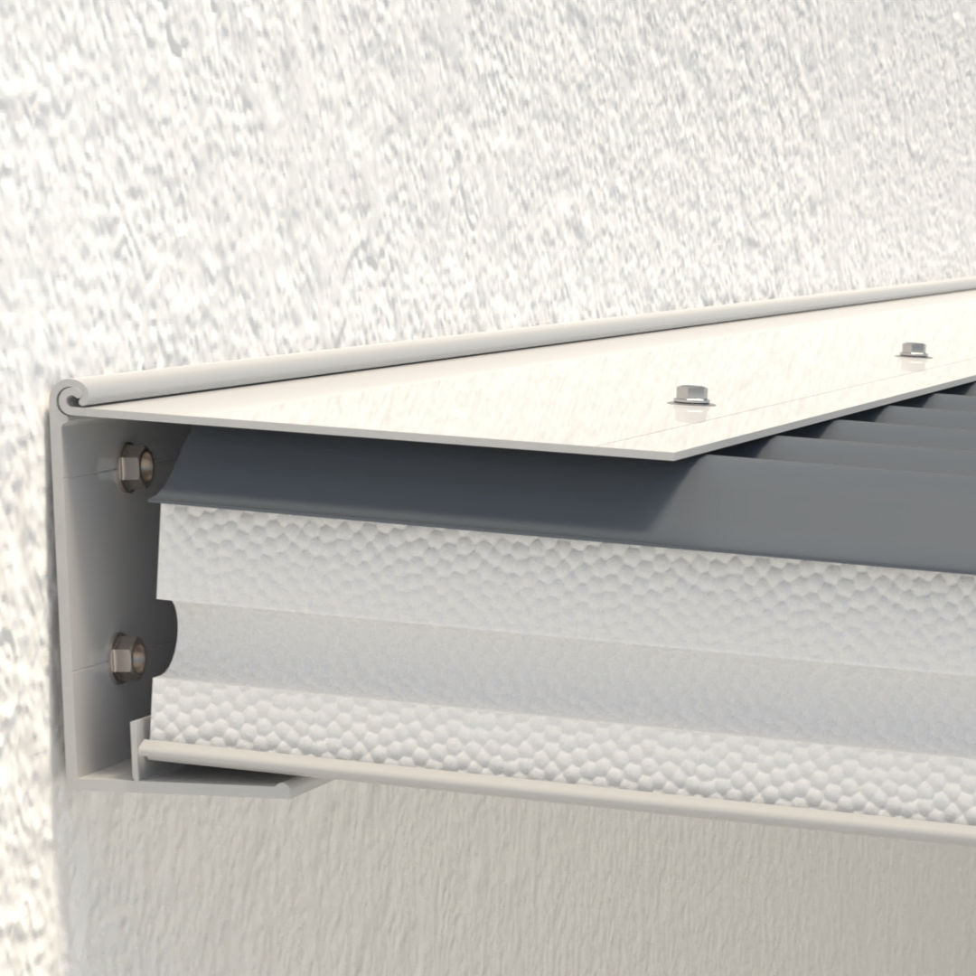 Close-up of a textured white panel with a metallic strip on a textured white background