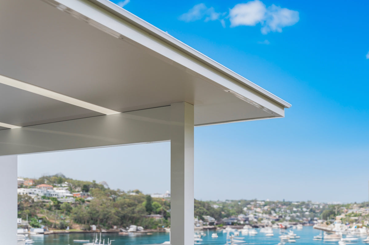 Attached patio roof edge and post with harbour view