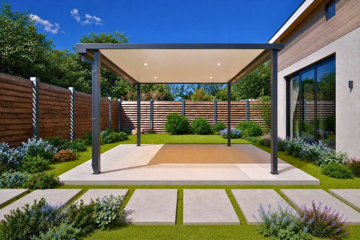SelfBuild freestanding patio kit render over a garden entertaining area