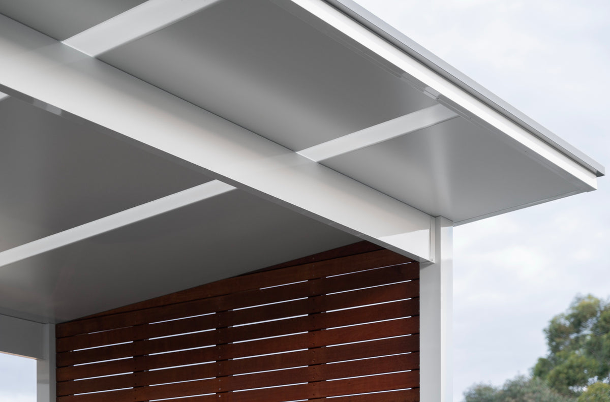 Close-up of freestanding patio roof panels and beams